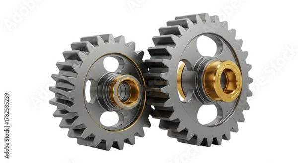 Obraz Two Meshing Gears Silver Gold Precision Engineering Interlocking Teeth Mechanical Movement on transparent background