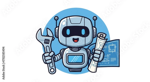 Fototapeta Cute Blue Robot Engineer Holding Wrench and Blueprint Cartoon Illustration for Tech, AI, Robotics, STEM Education, and Engineering Design Projects