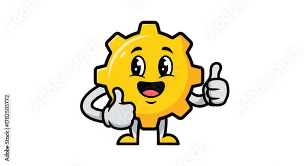 Fototapeta Cute Orange Gear Character Giving Thumbs Up Cartoon Illustration for Mechanical Engineering, Automation, Machinery, STEM Education, Industrial Design, and Positive Motivation Concepts