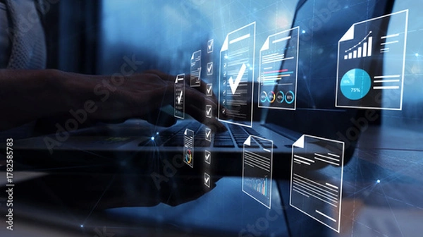 Obraz Document management concept, check electronic documents on digital documents on virtual screen Document Management System and process automation to efficiently document paperless operate,ai