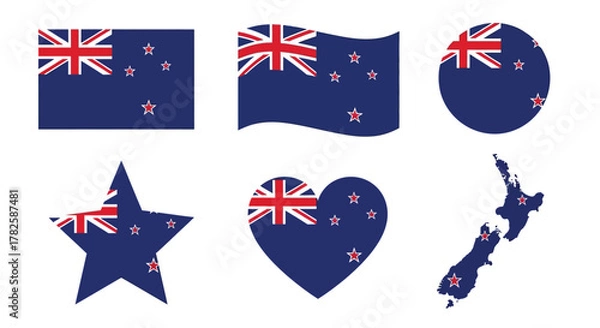 Obraz New zealand flag in different shapes national flag in rectangle, wave, circle, star, heart and map shapes vector illustration
