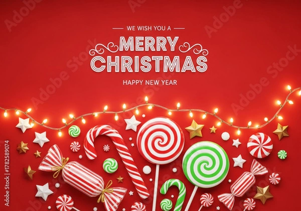 Fototapeta A festive red background with a "Merry Christmas Happy New Year" greeting, adorned with string lights and various colorful candies.