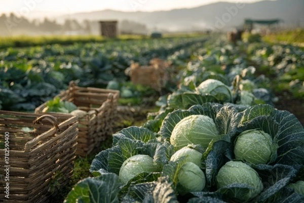 Obraz A serene view of a cabbage field at sunrise with dew drops, full of fresh green cabbages ready for harvest and wicker baskets in foreground.