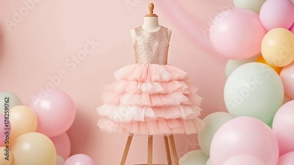 Obraz Sleeveless party frock with sequin details a fitted bodice and a multi tiered chiffon skirt set on a wooden stand surrounded by pastel balloons for a festive look