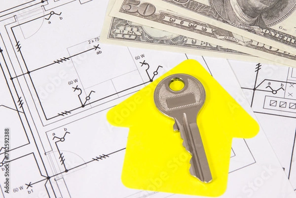 Obraz Dollar banknotes, diagrams of electric installation, key and shape of house. Planning build of home