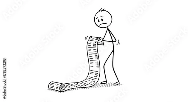 Fototapeta Cartoon stick man looking at a long bill with a worried expression.