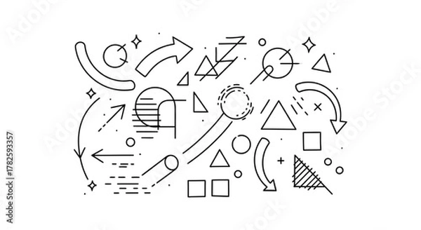 Fototapeta Abstract background with a chaotic composition of various geometric shapes, arrows, and lines in a minimalist outline style.