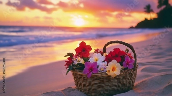 Obraz Traditional basket brimming with hibiscus lotus and exotic tropical flowers sitting on a sandy beach with gentle waves and a vibrant sunset in the distance