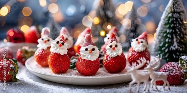 Obraz Festive dessert made from strawberries and whipped cream, styled to look like miniature Santa Claus figures.