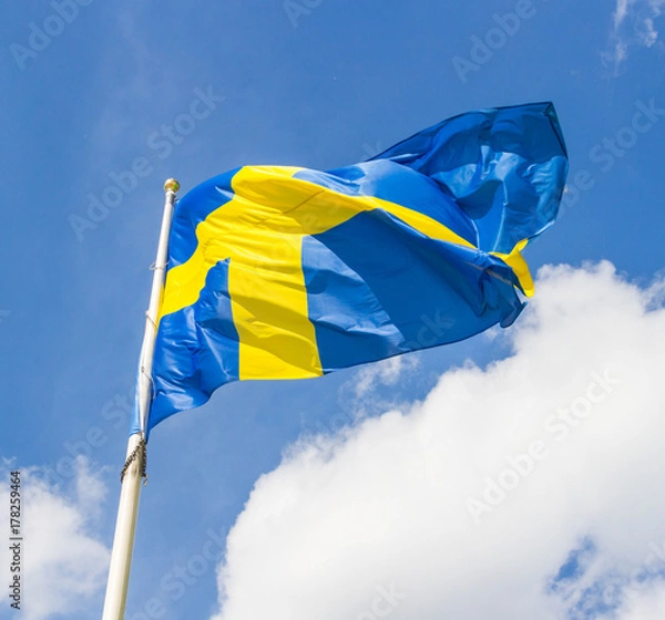 Obraz Swedish flag waving in the wind on a blue sky background
