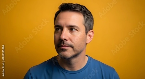 Fototapeta Expressive studio portrait of a contemplative man with a mustache, looking sideways with a thoughtful gaze on a bright yellow backdrop