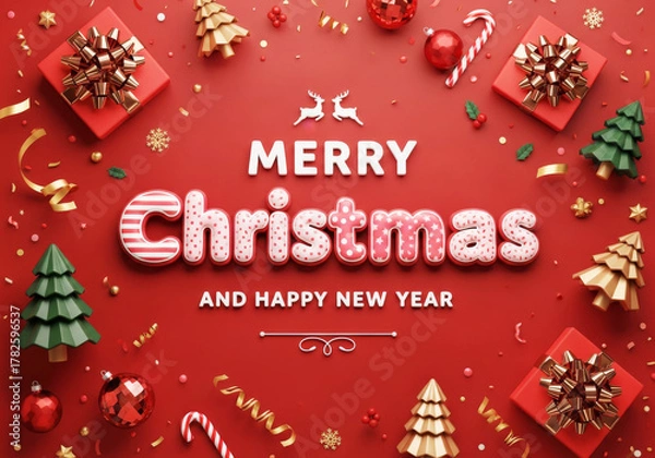 Fototapeta Festive 3D holiday greeting on red, featuring candy cane text, gift boxes, ornaments, and stylized Christmas trees.