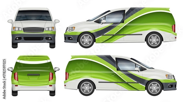 Fototapeta Delivery minivan wrap vector mockup shown from side, front, rear view. Perfect for corporate identity, vehicle branding and design concepts. All elements in the groups are in separate layers.