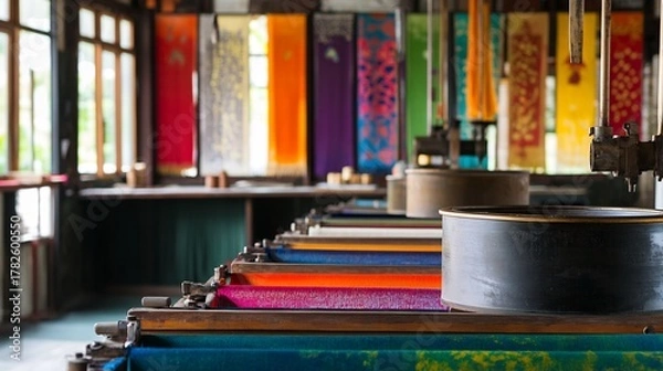 Obraz Traditional dyeing machine with spinning drums inside a workshop where natural fibers are dyed in rich tones with vivid splashes of color and fabric samples neatly arranged on nearby counters