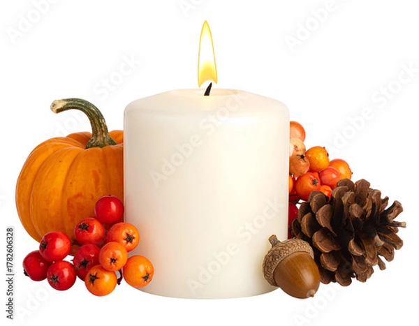 Fototapeta Rustic Fall Arrangement with Candle and Pumpkin PNG.