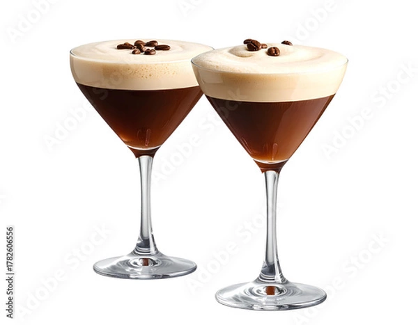 Fototapeta Two Classic Espresso Martini Glasses Filled with Rich Brown Cocktail, Isolated on Transparent Background. Great for Cafe Ads.