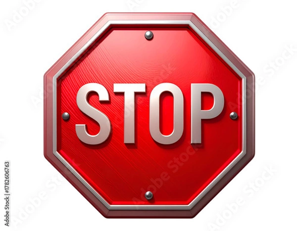 Fototapeta Realistic 3D Rendering of a Red Stop Signal Icon with Subtle Metallic Texture and Clean Edges, Transparent PNG Format.