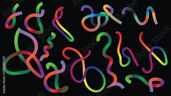 Fototapeta Vibrant Abstract Rainbow Ribbons on Black Background – Colorful Curved Lines, Swirls, and Wave Patterns for Modern Design, Poster, or Digital Art.