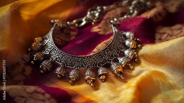 Fototapeta Traditional silver anklet with intricate etchings and small bells set against a silk fabric capturing the artistry of ethnic jewelry and the elegance of traditional fashion