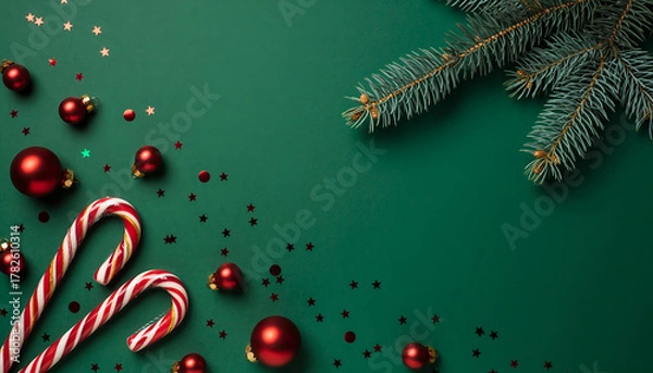 Obraz Christmas festive background with ornaments candy canes and evergreen branches
