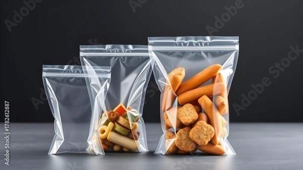 Fototapeta Transparent reusable food bags standing upright with snacks and meal prep items