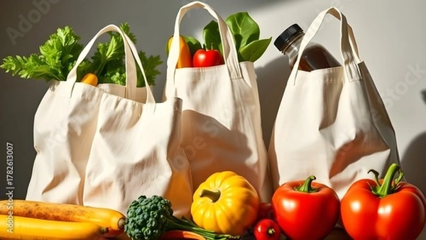 Fototapeta grocery bag with vegetables. reusable food bags displayed with fresh produce, soft shadow, natural lighting with high-detail background