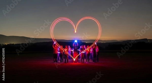 Fototapeta Group of People Creating Heart Shape with Light Trails During Night Outdoor Event