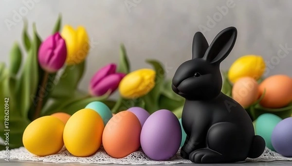 Fototapeta A black rabbit figurine sits amongst colorful Easter eggs and tulips, creating a festive spring scene