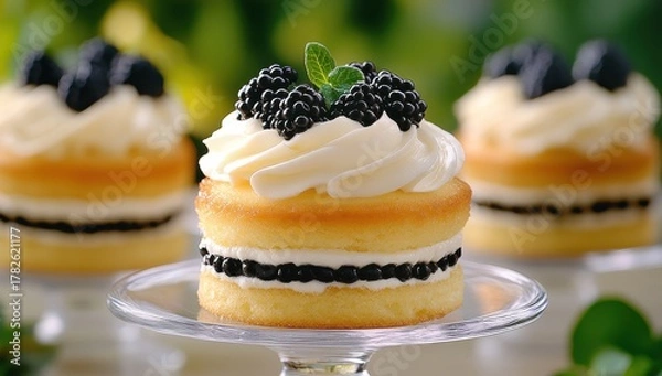 Fototapeta Delicate mini cakes adorned with blackberries and cream, perfect for a sophisticated dessert
