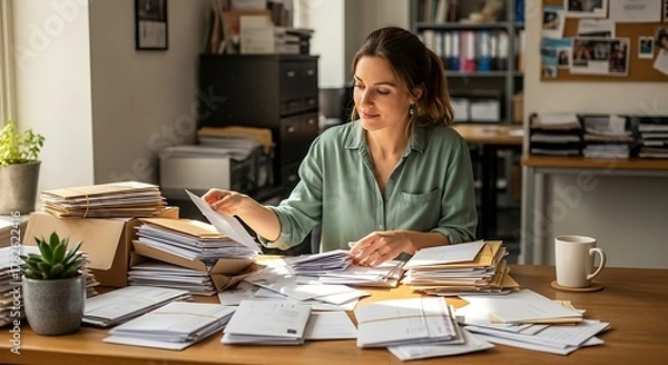 Fototapeta Woman Working at Desk Surrounded by Papers and Files in Office