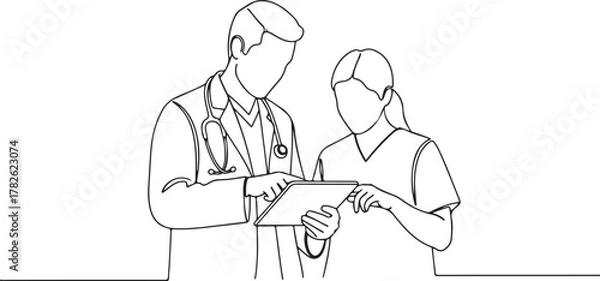Fototapeta Line drawing of a doctor and nurse looking at a tablet