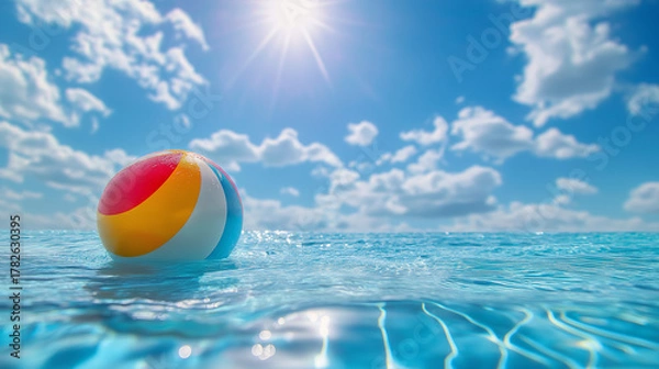 Obraz Colorful beach ball floating on clear blue ocean water under bright sunlight and a sky filled with fluffy white clouds. 
