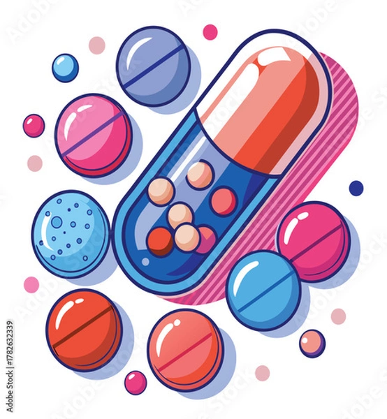 Fototapeta Diverse Collection of Pills and Capsule Representing Medicine and Healthcare Solutions