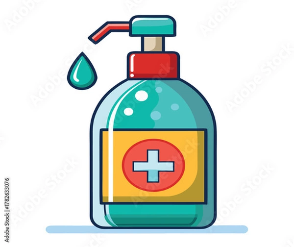 Fototapeta Hygiene and safety concept a dispenser of isopropyl alcohol-based liquid sanitizer with a drop falling, suggesting cleanliness and germ protection