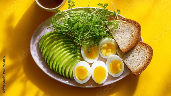 Obraz Overhead View of Healthy Breakfast Plate with Sliced Avocado, Soft-Boiled Eggs, Toast, and Microgreens