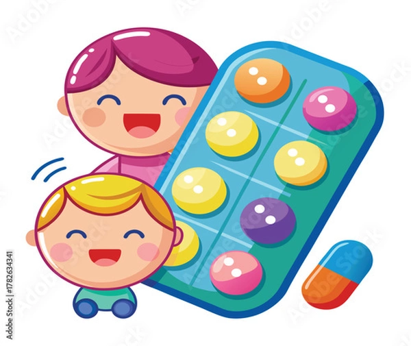 Fototapeta A happy cartoon mother and child with a blister pack of colorful pills and a capsule, representing pediatric medicine, vitamins for kids, or family healthcare, isolated on a white background