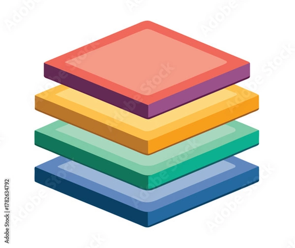 Fototapeta Isometric illustration of stacked, colorful, layered squares with a subtle shadow effect on a clean white background, representing data layers, conceptual organization, or multi-stage processes