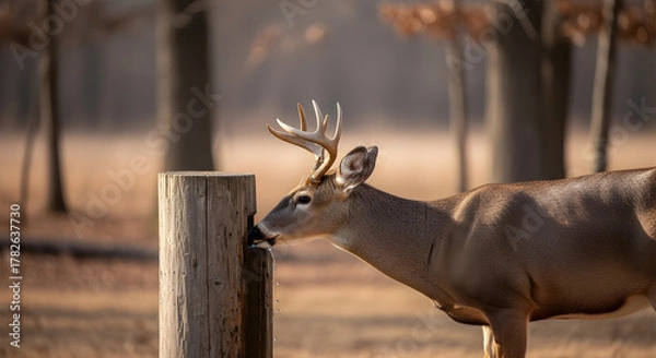 Fototapeta White tailed deer buck drinking water from a post in a field during autumn