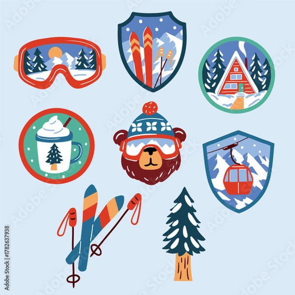 Fototapeta Seamless vector pattern with vintage ski patches. Hand drawn cute ski badges. Perfect for textile, wallpaper or nursery print design. EPS10 vector file.