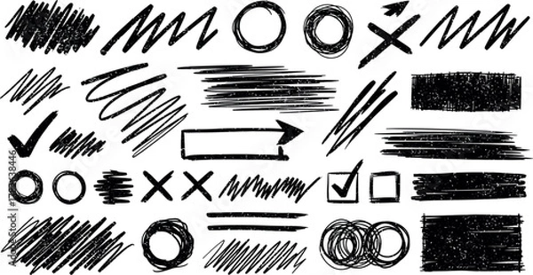 Obraz Collection of hand drawn black ink scribbles lines circles crosses checkmarks and arrows on white background