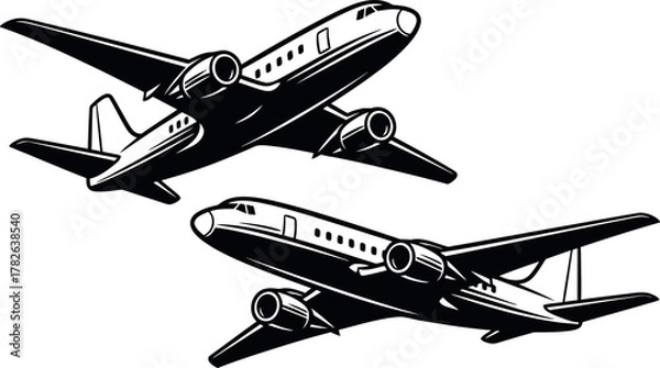 Fototapeta Vintage twin engine propeller airplanes flying in formation isolated on white background