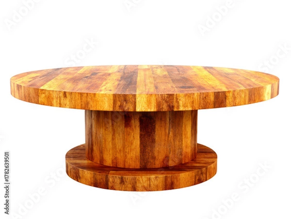 Fototapeta Round wooden table with modern design, featuring thick cylindrical base and polished wood grain surface, suitable for dining room or meeting space, warm and inviting style