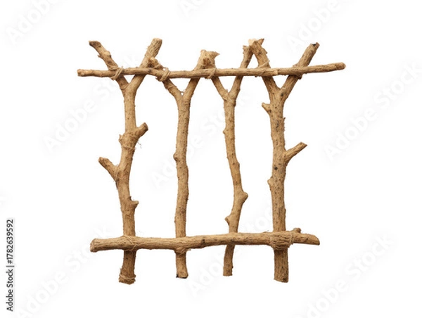 Fototapeta Rustic wooden fence made from natural tree branches, isolated on transparency background, showing rough texture and organic design, suitable for garden, countryside, or outdoor decoration