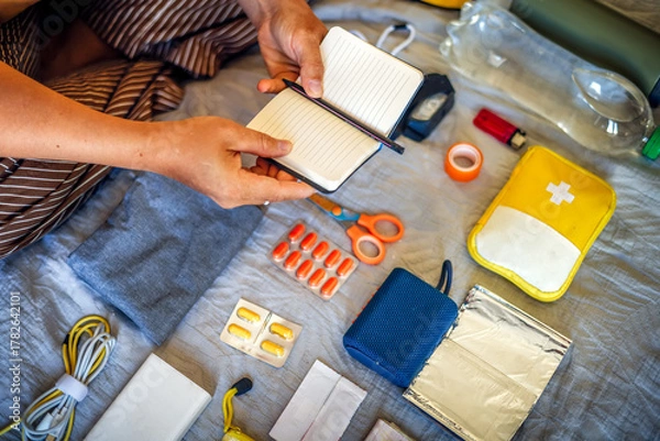 Obraz Emergency situation preparation - middle-aged woman with notebook by go-bag