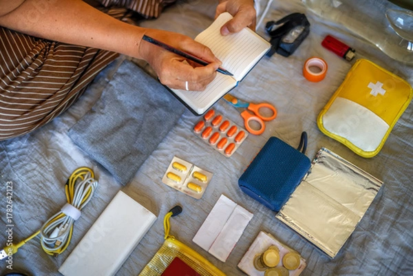 Obraz Emergency set planning - close-up of woman with notebook at home