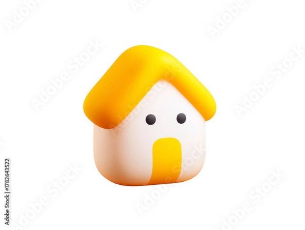 Fototapeta 3D house icon with yellow roof white wall and simple cute face isolated on transparent background playful and minimal style suitable for web app or real estate design