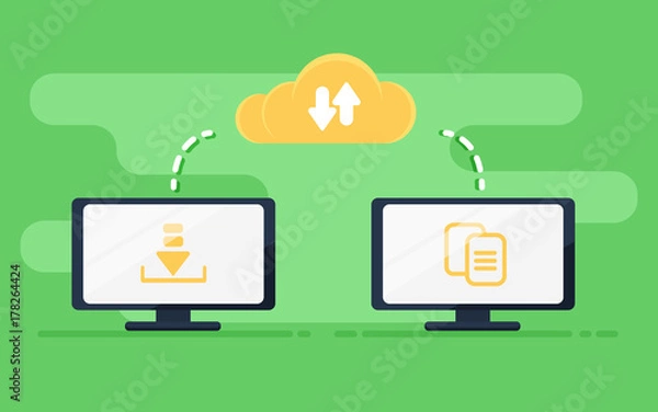 Fototapeta File transfer. Two computers transferred documents. Copy files, data exchange, backup, PC migration, file sharing concepts. Flat design graphic elements. Illustration
