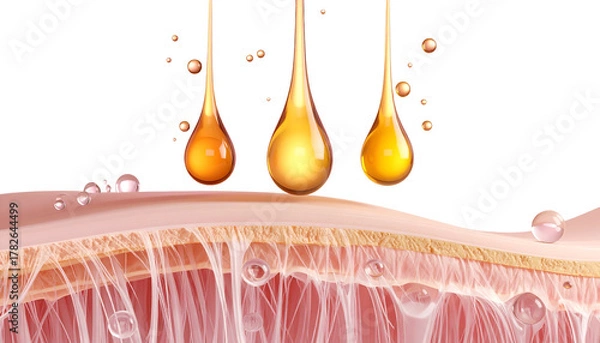 Obraz Illustration of drops of liquid penetrating skin layers with bubbles on a black background