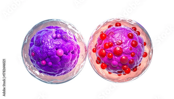 Obraz Two microscopic cell diagrams, one purple, the other pink with red inclusions
