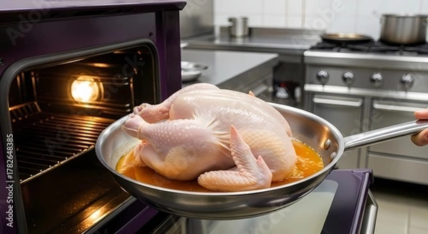Fototapeta Raw whole chicken in a pan ready to be roasted in an oven.